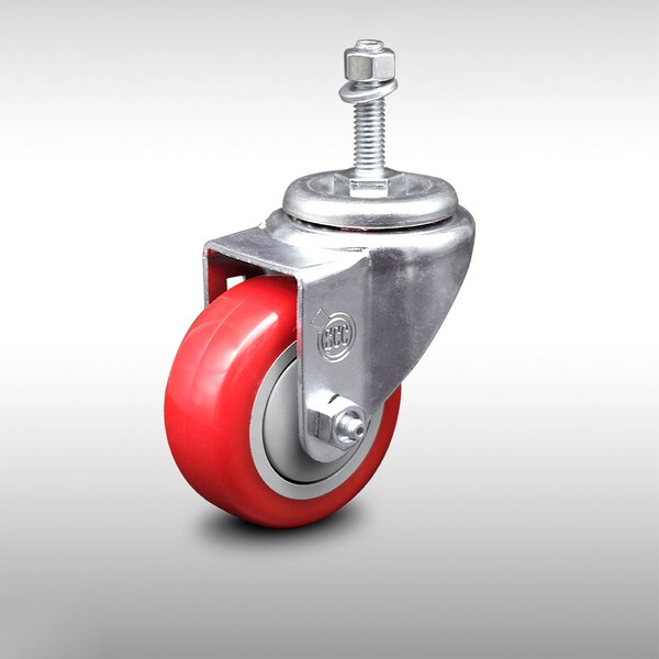 3 Inch SS Red Polyurethane Wheel Swivel 10mm Threaded Stem Caster SCC